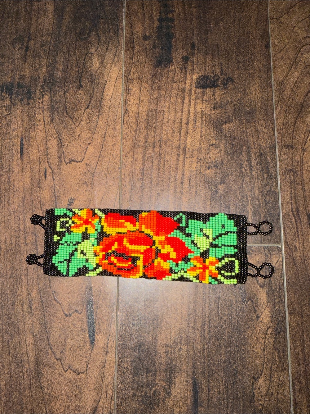 Beaded Floral Cuff Bracelet - Bright Red & Green